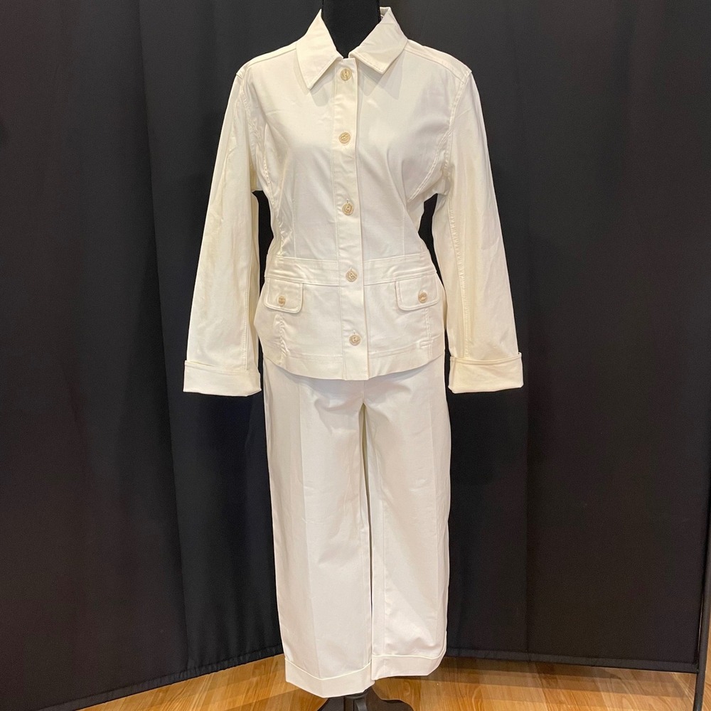 Tyler Boe Pant Suit Womens 12 Ivory Cotton Stretch Safari Jacket Trousers‎ NWT